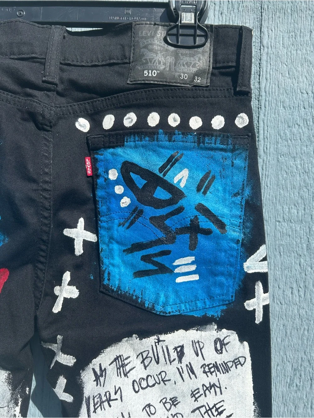 Hand-Painted Black Skinny Jeans with Blue & Pink Graffiti on Levi 510 jeans New